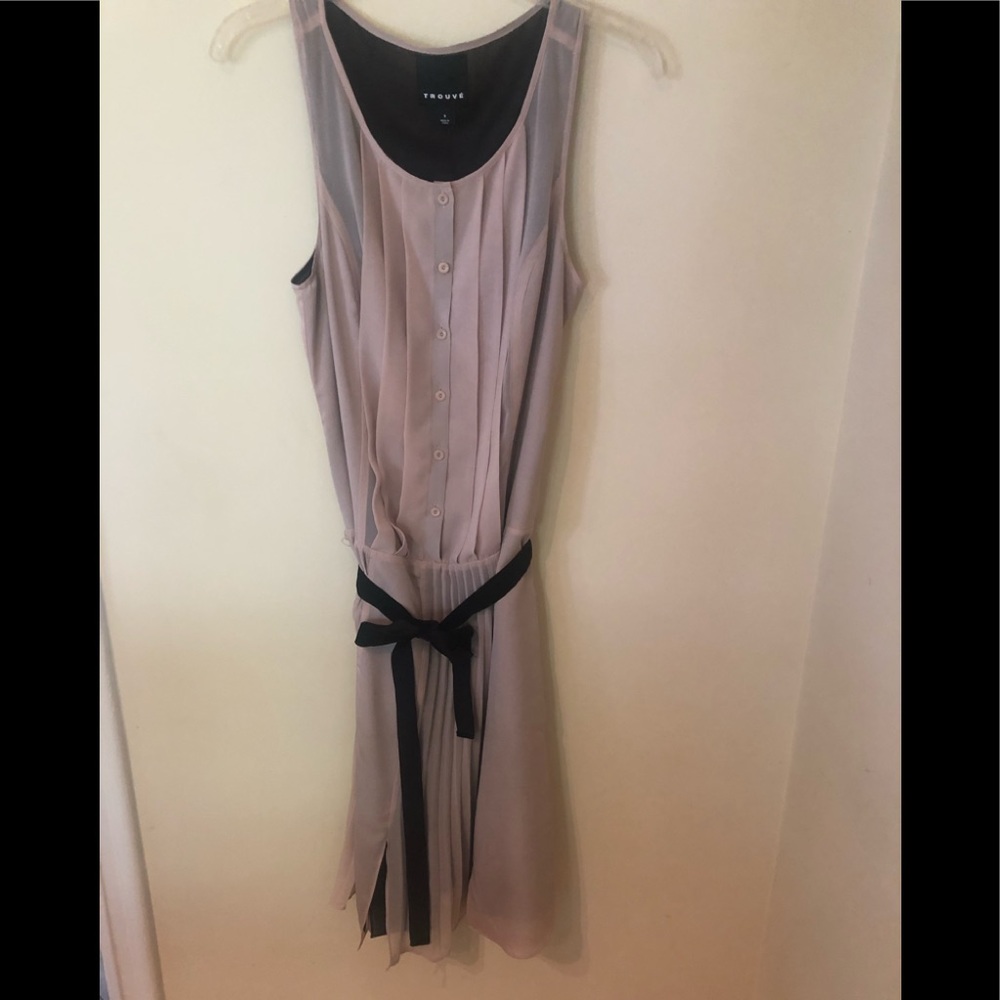Taupe Trouve pleated dress with velvet sash